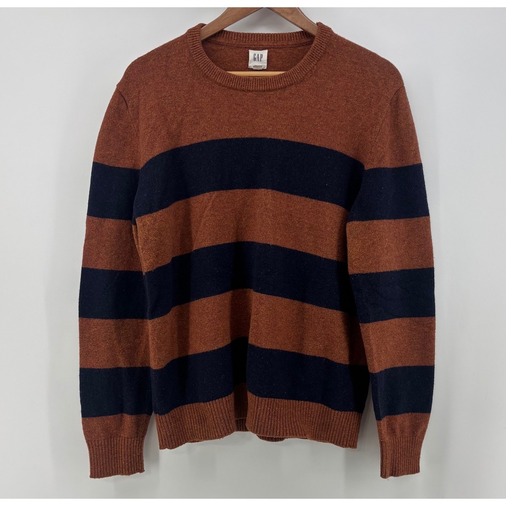 Gap Wool Blend Sweater Men's Large Orange Navy Blue Striped Ribbed Trim